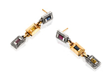 Load image into Gallery viewer, 18k Gold & Silver Earrings Set with Rectangle Blue, Yellow Sapphire & Ruby