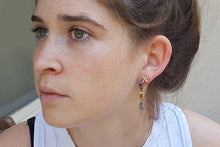 Load image into Gallery viewer, 18k Gold & Silver Earrings Set with Rectangle Blue, Yellow Sapphire & Ruby