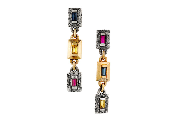 18k Gold & Silver Earrings Set with Rectangle Blue, Yellow Sapphire & Ruby