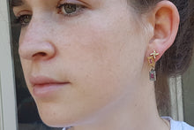 Load image into Gallery viewer, 18k Gold & Silver Earrings Set with Rectangle Pink Sapphire & Ruby