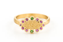 Load image into Gallery viewer, Artisan Gold Ring with Pink Sapphires & Green Tsavorites