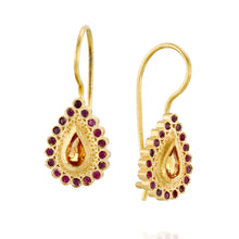 Load image into Gallery viewer, 18k Solid Gold Orange Sapphire Pear Drop Earrings Red Ruby Textured Fine Jewelry