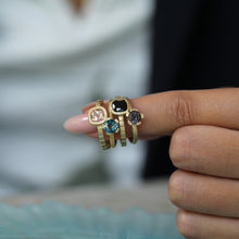 Load image into Gallery viewer, Unique 14K Gold Black Spinel Engagement Ring with Striped Band, Gothic Alt Bride Ring