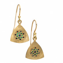 Load image into Gallery viewer, 18k Solid Gold Triangle Dangle Earrings Tsavorite Sapphire Black Diamond Textured Fine Jewelry