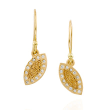Load image into Gallery viewer, 18k Solid Gold Marquise Leaf Dangle Earrings White Diamond Halo Textured Artisan Fine Jewelry