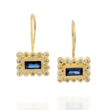 Load image into Gallery viewer, 18k Solid Gold Rectangle Blue Sapphire Earrings Azure Halo Fine Jewelry