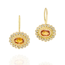 Load image into Gallery viewer, 18k Solid Gold Orange Sapphire Drop Earrings Blue Sapphire Halo Textured Fine Jewelry