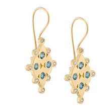 Load image into Gallery viewer, 18k Solid Gold Blue Topaz Dangle Earrings White Diamond Textured Modern Ethnic Jewelry