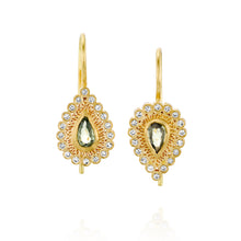 Load image into Gallery viewer, 18k Solid Gold Green Sapphire Drop Earrings Pink Diamond Textured Fine Modern Jewelry