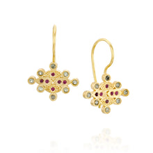 Load image into Gallery viewer, 18k Solid Gold Geometric Drop Earrings with Rubies and Green Sapphires Textured Fine Jewelry