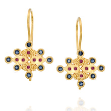 Load image into Gallery viewer, 18k Solid Gold Geometric Drop Earrings with Rubies and Blue Sapphires Textured Fine Jewelry