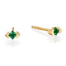 Load image into Gallery viewer, Minimalist 18K Gold Stud Earrings featuring a single Princess-Cut Emerald in a Modern Bezel Setting.