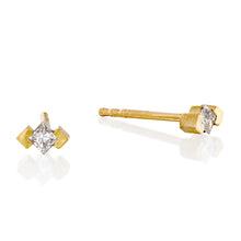 Load image into Gallery viewer, Minimalist 18K Gold Stud Earrings featuring a single Princess-Cut Diamond in a Modern Bezel Setting.