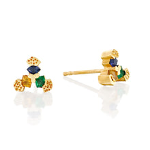 Load image into Gallery viewer, Geometric Sapphire &amp; Emerald Stud Earrings in 18K Gold, Blue and  Yellow Sapphires Fine Jewelry for Women