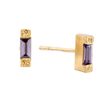Load image into Gallery viewer, Unique 18K Gold Geometric Stud Earrings featuring Lilac Baguette Sapphires and Textured Gold Ends.