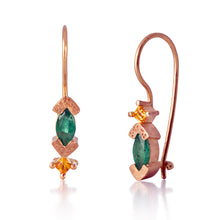 Load image into Gallery viewer, 18K Gold Drop Earrings featuring Marquis Emerald and Yellow Sapphire