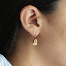 Load image into Gallery viewer, Solid 18K Yellow Gold Dangle Earrings with Morganite, Blue, and Pink Diamond