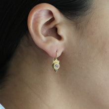 Load image into Gallery viewer, Solid 18K Yellow Gold Dangle Earrings with Morganite, Blue, and Pink Diamond