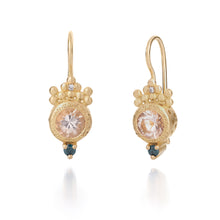 Load image into Gallery viewer, Solid 18K Yellow Gold Dangle Earrings with Morganite, Blue, and Pink Diamond