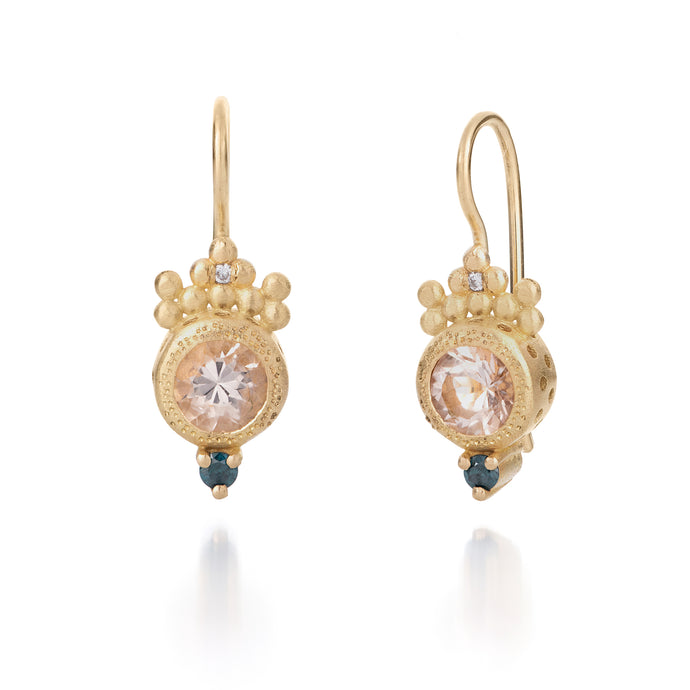 Solid 18K Yellow Gold Dangle Earrings with Morganite, Blue, and Pink Diamond