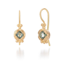 Load image into Gallery viewer, Solid 18K Yellow Gold Dangle Earrings with Green Sapphire