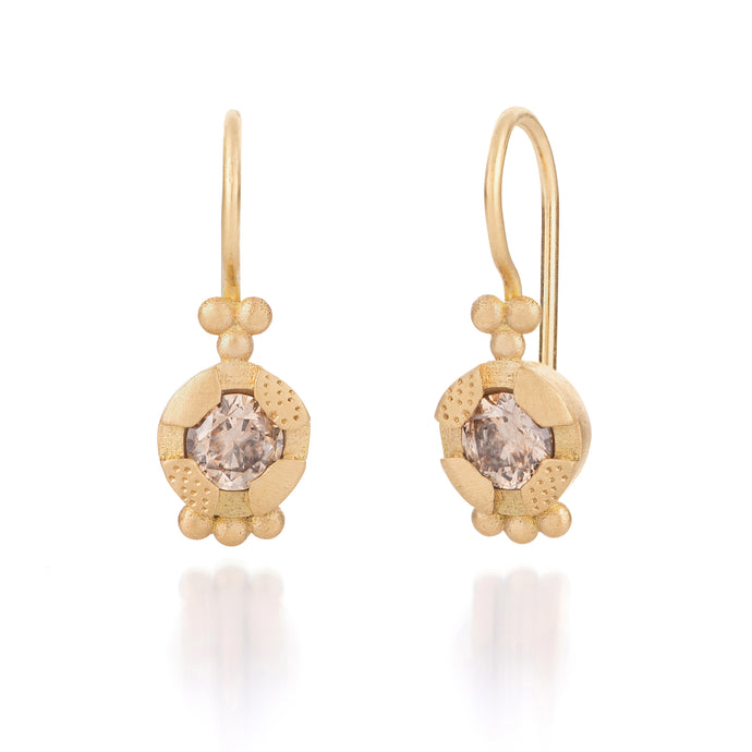 Solid 18K Yellow Gold Dangle Earrings with Champagne Diamond