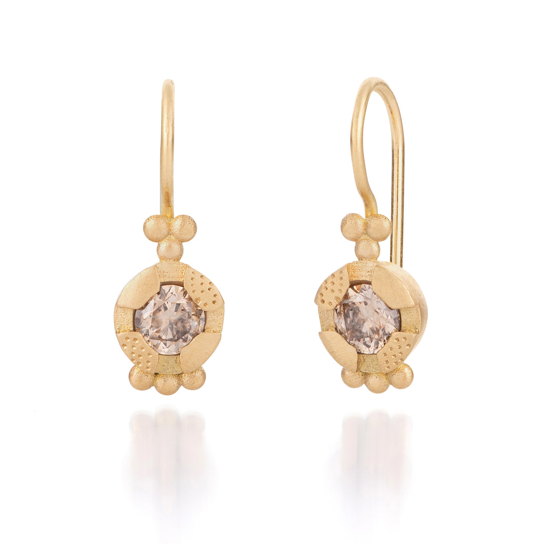 Solid 18K Yellow Gold Dangle Earrings with Champagne Diamond