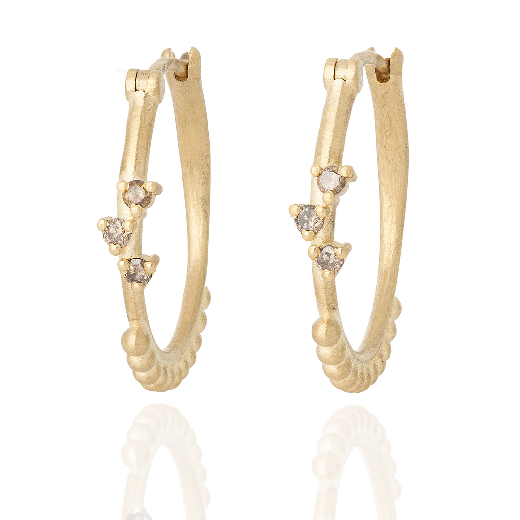 Rustic 14K Gold Salt & Pepper Diamond Cluster Hoops, Alt Bride Everyday Earrings.