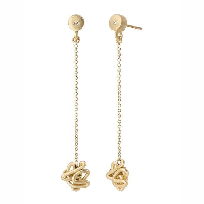 Modern Knot Drop Earrings in 14K Gold – Minimal Art Jewelry with White Diamonds