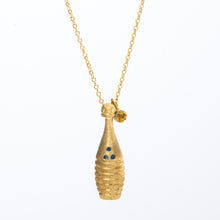 Load image into Gallery viewer, 18k Solid Yellow Gold Ribbed Drop Pendant Necklace with Blue and Yellow Sapphires
