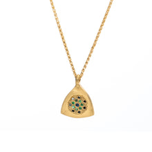 Load image into Gallery viewer, 18k Solid Yellow Gold Triangle Medallion Necklace with Tsavorites, Black Diamonds, and Blue Sapphire