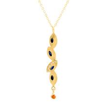 Load image into Gallery viewer, 18k Solid Gold Vertical Leaf Drop Necklace with Blue and Orange Sapphires