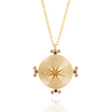 Load image into Gallery viewer, 18k Solid Gold Celestial Starburst Compass Necklace with Sapphires and Diamonds