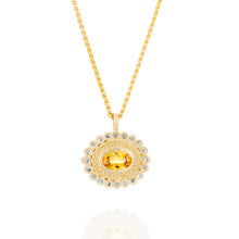 Load image into Gallery viewer, 18k Solid Gold Sapphire Halo Necklace, Orange and Light Blue Sapphire Fine Jewelry