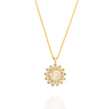 Load image into Gallery viewer, 18k Solid Gold  Diamond Necklace Light Blue Sapphire Halo Pendant Artisan Fine Jewelry