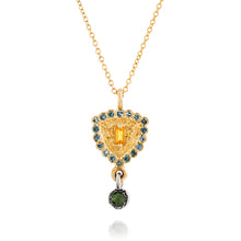 Load image into Gallery viewer, 18k Solid Gold Artisan Shield Necklace, Yellow and Blue Sapphire Tourmaline Dangle Fine Jewelry