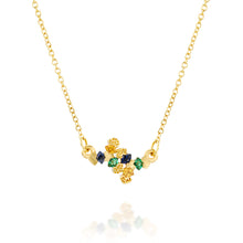 Load image into Gallery viewer, 18k Solid Gold Geometric Bar Necklace Blue and Yellow Sapphire Emerald Artisan Fine Jewelry