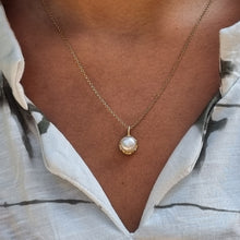 Load image into Gallery viewer, 14K Gold Cultured Pearl Necklace (8mm) with Sculptural Setting, Unique Alt Bride Jewelry