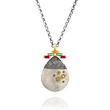 Load image into Gallery viewer, 18k Gold and Oxidized Silver Artisan Teardrop Necklace Mixed Gemstone Ruby Emerald Yellow Sapphire Modern Heirloom