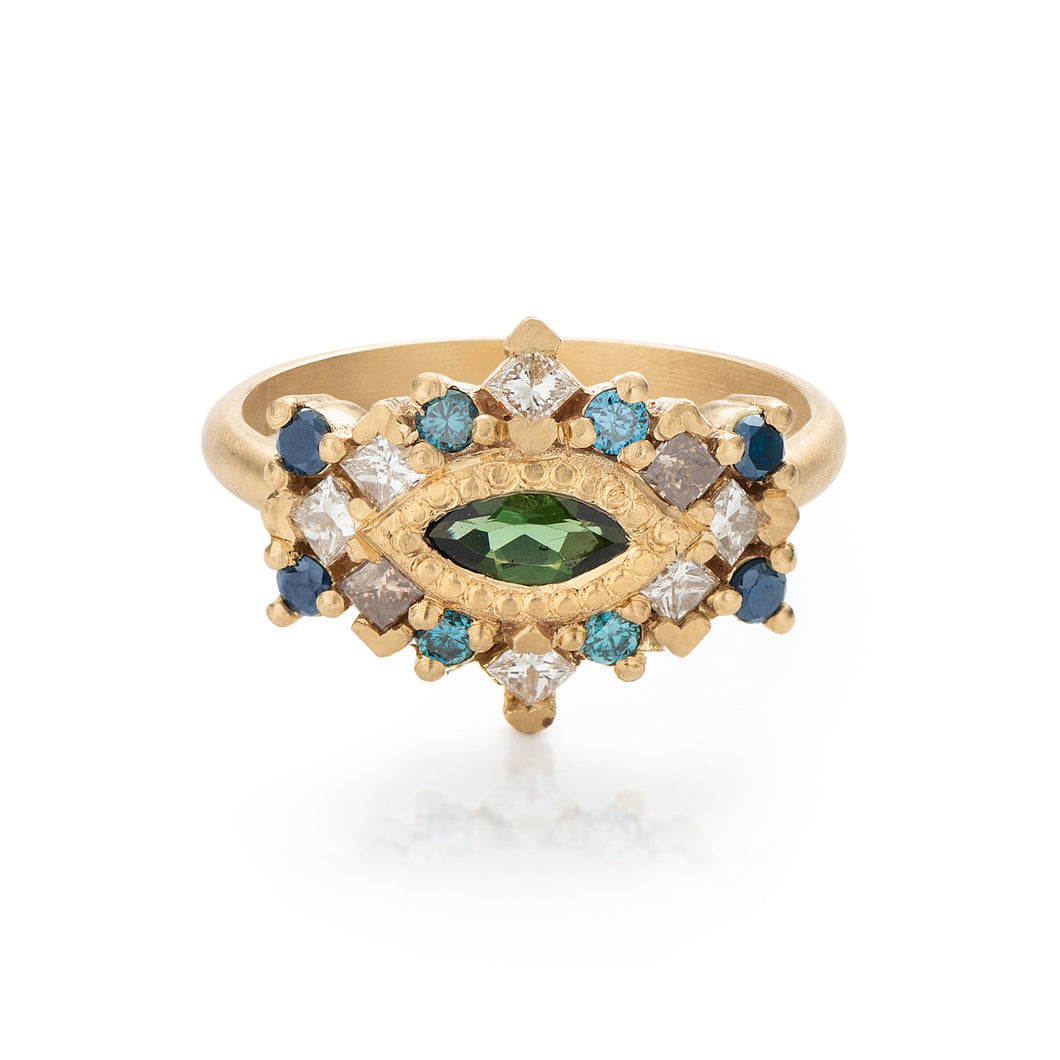 Art Deco Green Tourmaline Diamonds Sapphires Marquise Engagement Ring