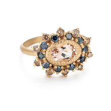 Load image into Gallery viewer, Textured Morganite with Blue  and brown Diamonds Engagement Ring 18k