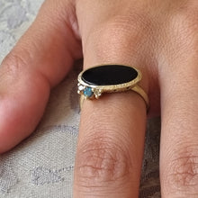 Load image into Gallery viewer, Black Onyx and Blue Diamond Ring in 14K Gold – Modern Statement Ring with Salt &amp; Pepper Diamonds