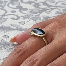 Load image into Gallery viewer, Black Onyx and Blue Diamond Ring in 14K Gold – Modern Statement Ring with Salt &amp; Pepper Diamonds
