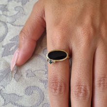 Load image into Gallery viewer, Black Onyx and Blue Diamond Ring in 14K Gold – Modern Statement Ring with Salt &amp; Pepper Diamonds