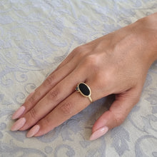 Load image into Gallery viewer, Black Onyx and Blue Diamond Ring in 14K Gold – Modern Statement Ring with Salt &amp; Pepper Diamonds