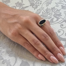 Load image into Gallery viewer, Black Onyx and Blue Diamond Ring in 14K Gold – Modern Statement Ring with Salt &amp; Pepper Diamonds