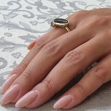 Load image into Gallery viewer, Black Onyx and Blue Diamond Ring in 14K Gold – Modern Statement Ring with Salt &amp; Pepper Diamonds