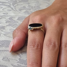Load image into Gallery viewer, Black Onyx and Blue Diamond Ring in 14K Gold – Modern Statement Ring with Salt &amp; Pepper Diamonds