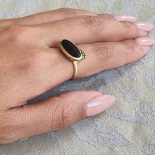 Load image into Gallery viewer, Black Onyx and Blue Diamond Ring in 14K Gold – Modern Statement Ring with Salt &amp; Pepper Diamonds