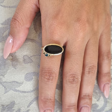 Load image into Gallery viewer, Black Onyx and Blue Diamond Ring in 14K Gold – Modern Statement Ring with Salt &amp; Pepper Diamonds